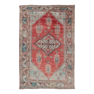Antique Turkish Oushak Rug With Red, Soft Blue, Teal, and Cream Accents For Sale
