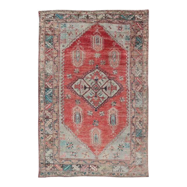 Antique Turkish Oushak Rug With Red, Soft Blue, Teal, and Cream Accents For Sale