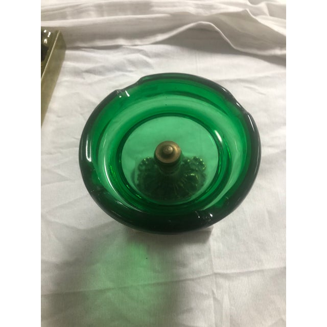 Vintage Green Glass Ashtray With Brass and Marble Pedestal Base Mid Century Footed Bowl Pedestal Ashtray Italy Rare Find! For Sale - Image 4 of 4