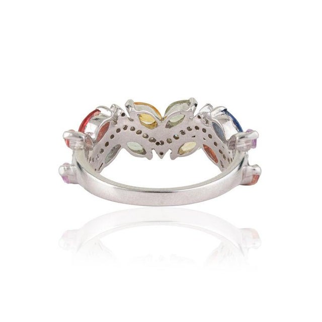 Contemporary Nature Inspired Multi-Sapphire Leaf & Diamond Cluster Ring in Sterling Silver, Us Size 7.5 For Sale - Image 3 of 16