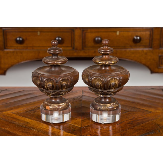 Brown Pair of Italian 1800s Walnut Fragments Carved in the Front, with Lucite Bases For Sale - Image 8 of 8