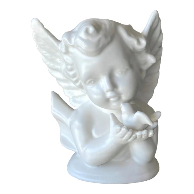 Circa 1960 Petite Bisque Porcelain Angel & Dove Vase, Japan For Sale