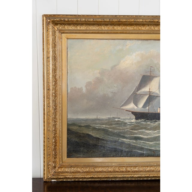 Large 19th Century Signed Original Oil of Early Steamship in Original Carved Frame For Sale - Image 11 of 18