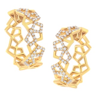 14K Yellow Gold 3/4 Cttw Diamond Honeycomb Hoop Earrings (G-H Color, SI1-SI2 Clarity) - 24MM For Sale