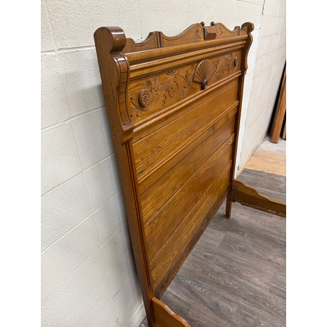 Brown Antique Full Size Victorian Eastlake Carved Oak High Back Bed For Sale - Image 8 of 16