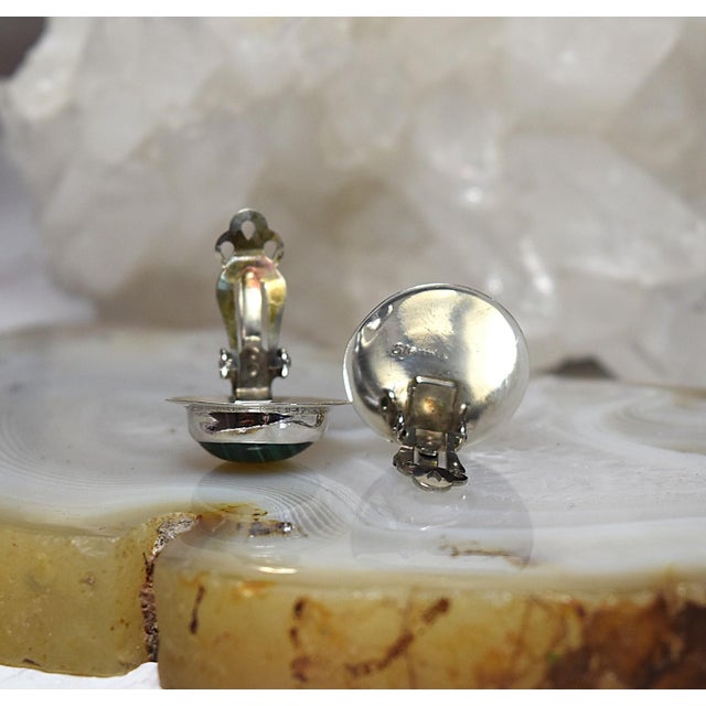 Vintage Sterling Silver Malachite Clip-on Stud Earrings, A Pair For Sale - Image 9 of 18
