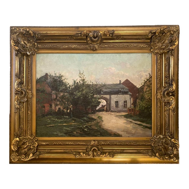 Fine Antique European Village Landscape, Oil on Canvas, Elaborate Gilt Frame For Sale