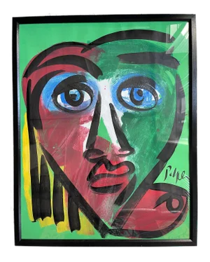 Contemporary Abstract Face Portrait Painting by Peter Keil, Framed