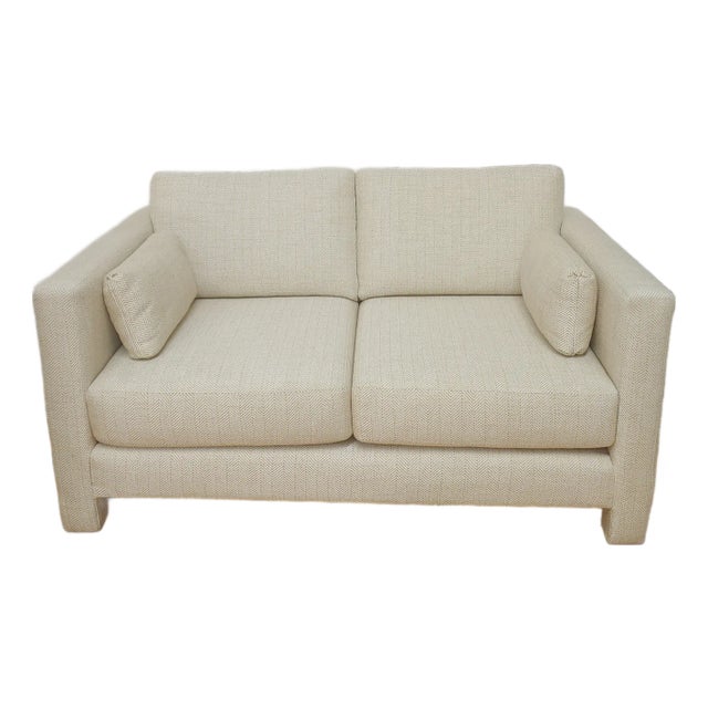 Vintage Herringbone Upholstery Parsons Style Loveseat Sofa For Sale