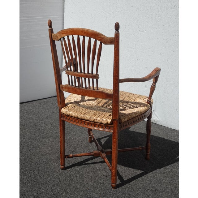 Set of Four Vintage Rustic French Country Rush Seat Wheat Sheaf Arm Chairs For Sale - Image 13 of 13