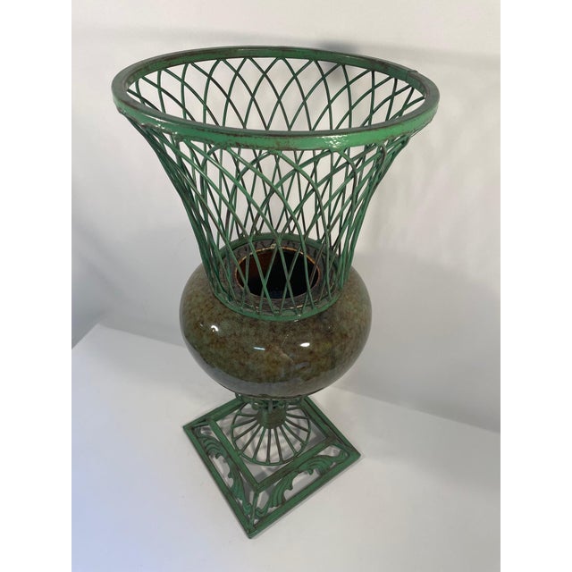 Vintage 1980s Wrought Iron and Ceramic Decorative Urn Planter Cachepot For Sale - Image 11 of 17
