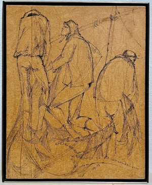 Moshe Katz, Modernist Israeli Soldiers Judaica Mixed Media Painting IDF Pilots Moshe Katz, c. 1950's