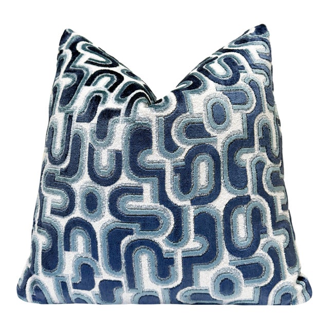 Blue Groove 20x20 Velvet Pillow With Feather Down Insert For Sale