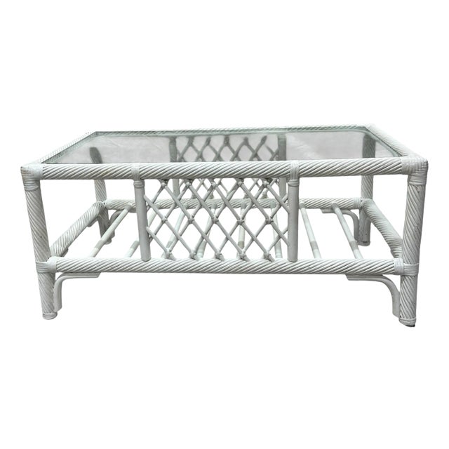Vintage Twisted Pencil Rattan Post Modern in the Style of Ficks White W/ Glass Top Coffee Table For Sale