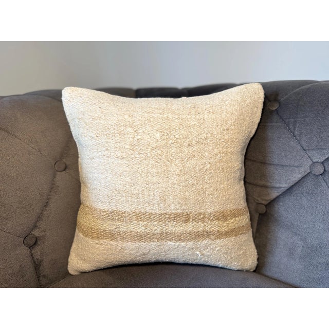 Textile Vintage Turkish Hemp Pillow, Natural Ivory Camel Band Cushion, Handwoven Anatolian Pillow With Insert, 16x16 In For Sale - Image 7 of 8