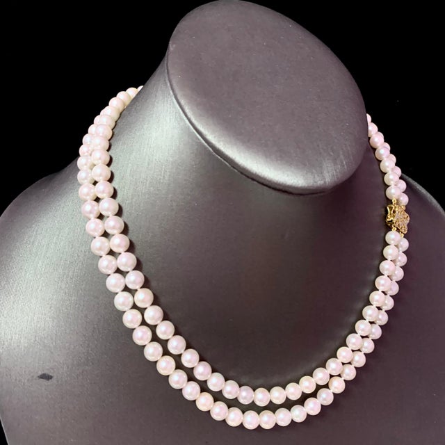 Metal Diamond Akoya Pearl 2-Strand Necklace 18k Gold Certified For Sale - Image 7 of 9