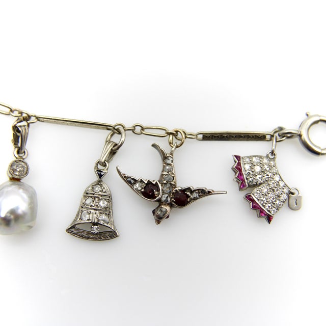Silver 1920s Art Deco 14k Gold and Platinum Diamond and Gem Set Charm Bracelet For Sale - Image 8 of 12