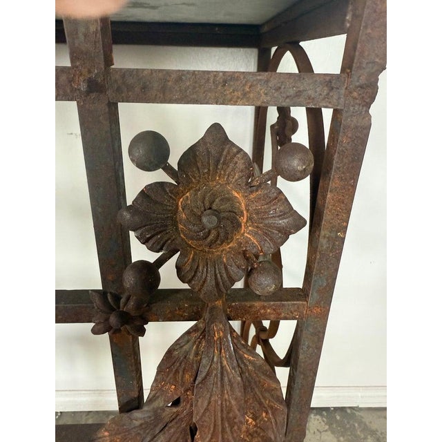 Brown Monumental Hand-Wrought Iron Console With Stone Medallion and Classical Garlands For Sale - Image 8 of 17