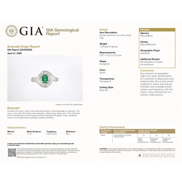 Gia Certified Solid Platinum 900 Natural Diamond and Natural Emerald Ring, Size 6.5 For Sale - Image 12 of 12