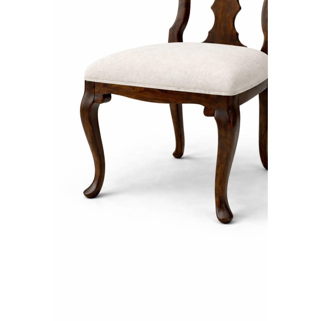 Set of Six Queen Anne Style Dining Chairs in Old Chapel Satin Walnut With Designer Ivory Linen Upholstery For Sale - Image 4 of 9