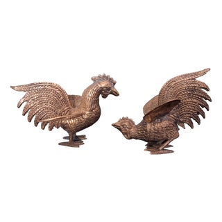 Couple of Fighting Rooster Brass Figurine, 1955, Set of 2 For Sale