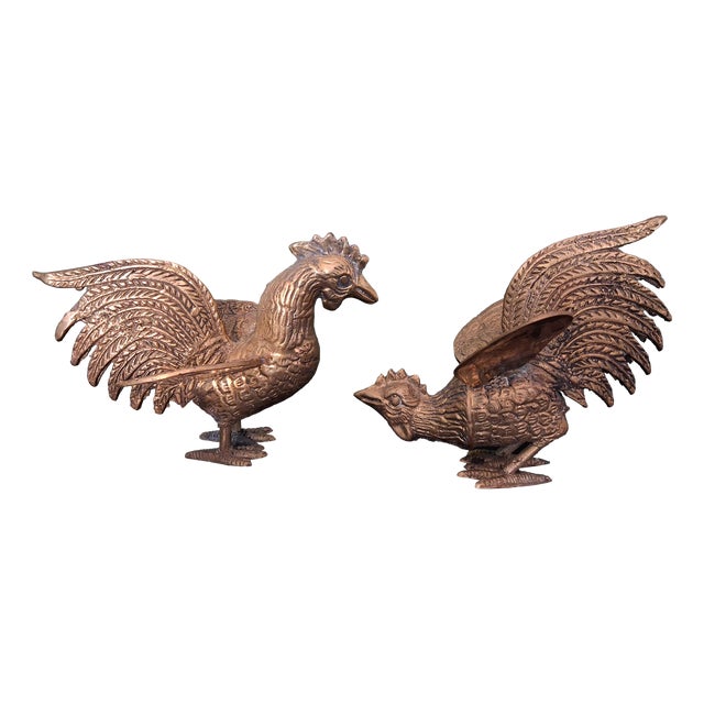 Couple of Fighting Rooster Brass Figurine, 1955, Set of 2 For Sale