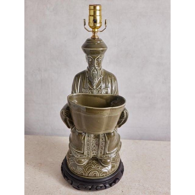 1970s Chinese Confucius Green Ceramic Lamp For Sale - Image 13 of 15