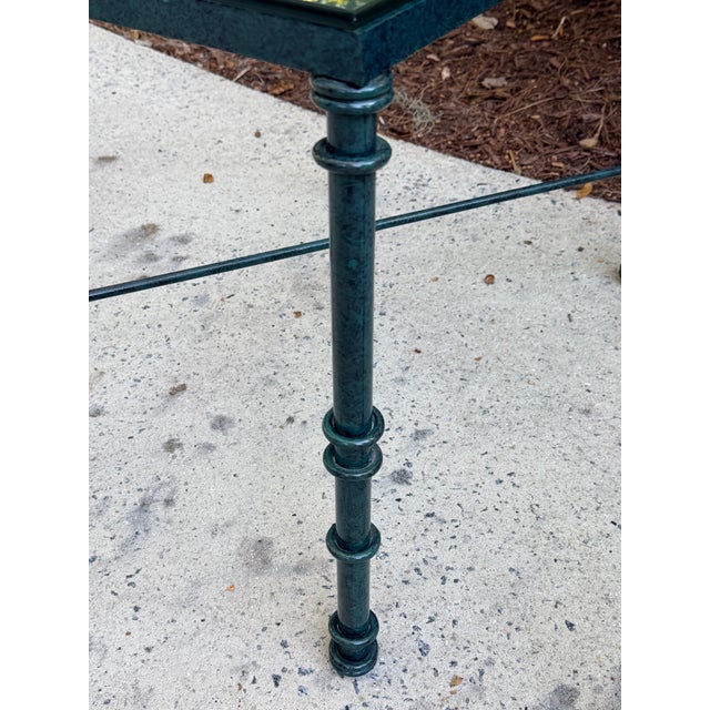 Verdigris Pair of Giacometti Style Wrought Iron Verdigris Finish Glass Top Side Table For Sale - Image 8 of 12