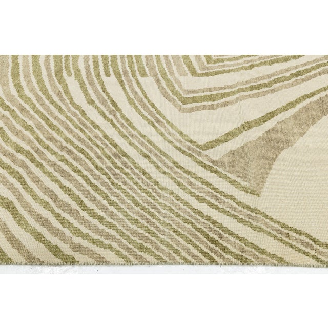 Contemporary Abstract Geometric Wool Area Rug – Olive Green & Cream Modernist For Sale - Image 11 of 12