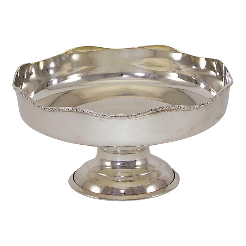 1980s Silver Cake /fruit Dish On Circular Foot With Applied Derwent Border-