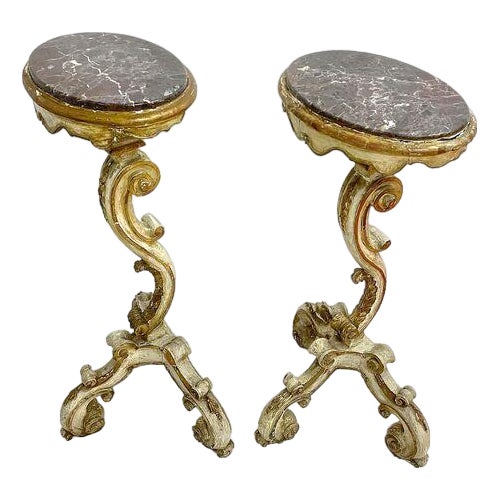 Pair Antique Italian Carved & Marble Pedestals For Sale