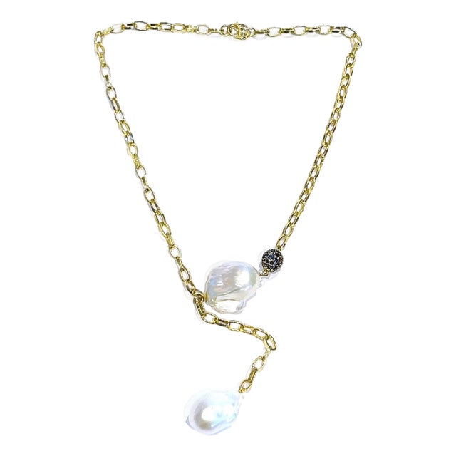 Bochic “Capri” Vintage Baroque Pearl & Multi Sapphire Necklace Set in 18K & Silv For Sale