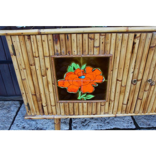 French Riviera Bamboo and Ceramic Sideboard, 1960s For Sale - Image 4 of 11