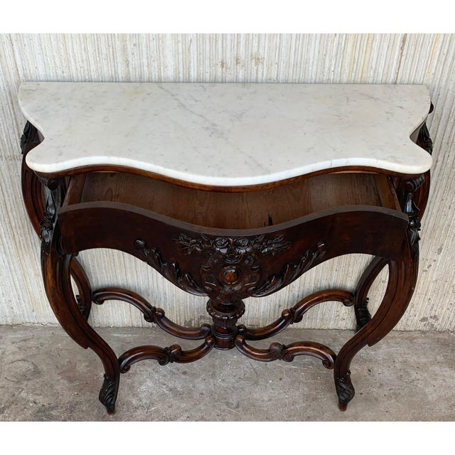 19th French Regency Carved Walnut Console Table with Drawer & Marble Top For Sale - Image 4 of 18