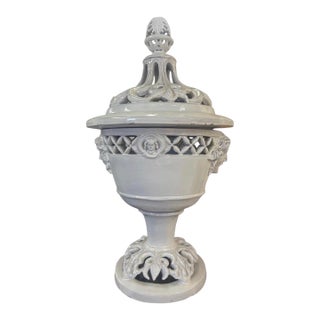 Large Mid-Century Italian White Glazed Ceramic Covered Urn With Cherub Medallions For Sale