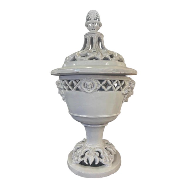 Large Mid-Century Italian White Glazed Ceramic Covered Urn With Cherub Medallions For Sale
