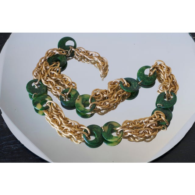 Metal Vintage, 1970s Malachite Green Bakelite Gold-Tone Metal Chain Necklace/Belt For Sale - Image 7 of 11