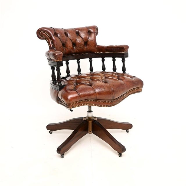 Antique Leather Swivel Captains Desk Chair, 1950s For Sale - Image 11 of 11