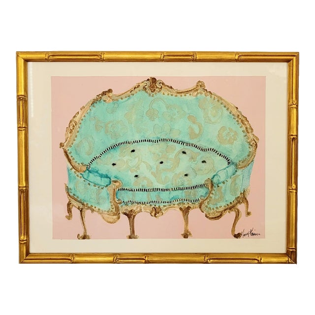 "Settee" Contemporary Expressionist Still Life Watercolor Painting by Mary Kaiser, Framed For Sale