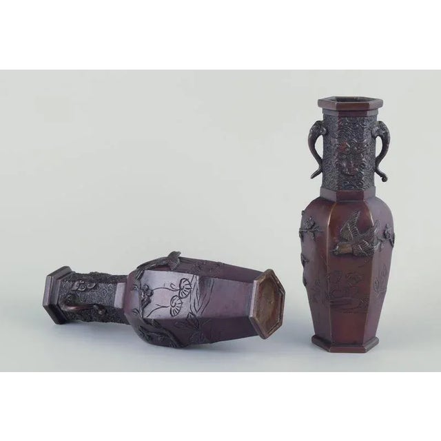 Metal Japan Meiji Bronze Vases with Birds on Branches in Relief, Set of 2 For Sale - Image 7 of 9