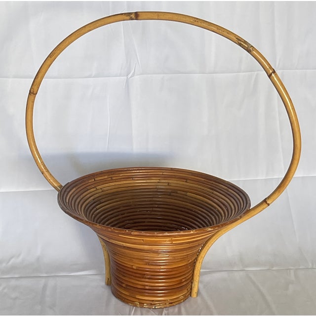 Wood Vintage Italian Large Reed Bamboo Flower Basket, 1970s For Sale - Image 7 of 9