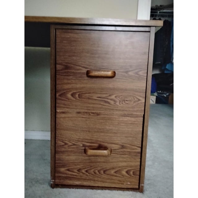 Brown Desk - 2 File Cabinets + Desktop Walnut Wood Portable 3 Pc Retro Wooden Desk Euc For Sale - Image 8 of 13
