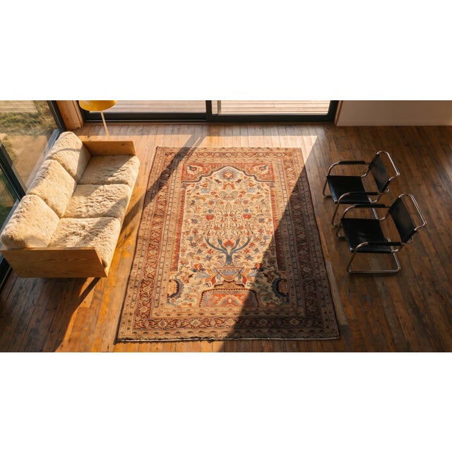 1880s Ivory Medallion Antique n.e. Persian Moud Meditation Rug 3'8" X 5'10" Handknotted Wool Carpet For Sale In New York - Image 6 of 7