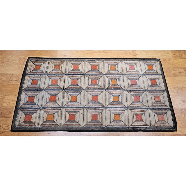 Vintage American Hand Hooked Rug, Wool on Cotton, Allover Geometric Pattern, 28” X 55” For Sale - Image 10 of 10