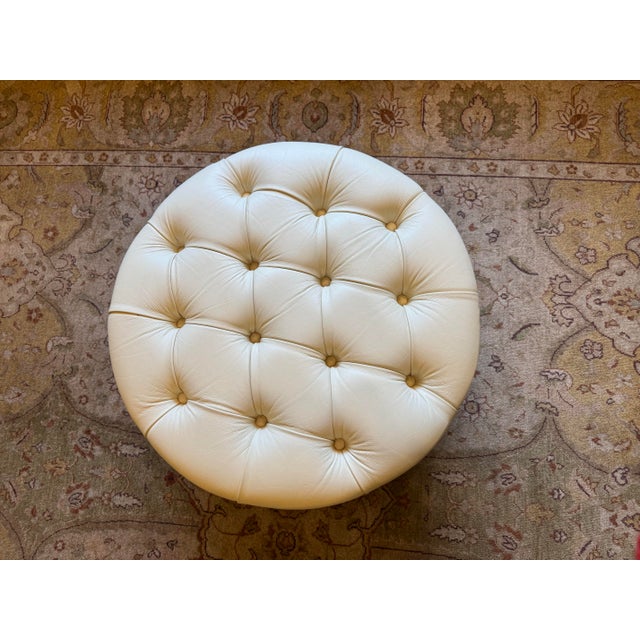 Mid 20th Century Mid 20th Century Vintage French Pierre Frey Ivory Leather Ottoman For Sale - Image 5 of 5