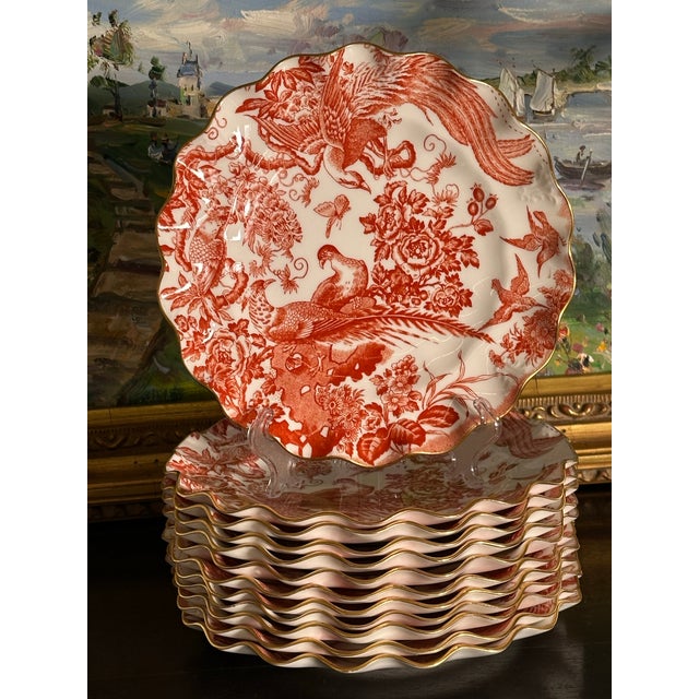 English Late 20th Century Royal Crown Derby “Red Aves” Fluted Dessert Plates, 8.75” - Set of 12 For Sale - Image 3 of 12