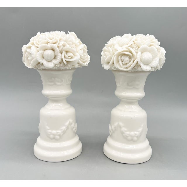 Glass Vintage White Porcelain Floral Topiary Urn Candlestick Holders – Romantic Neoclassical / Cottagecore - Flower Bouquet For Sale - Image 7 of 11