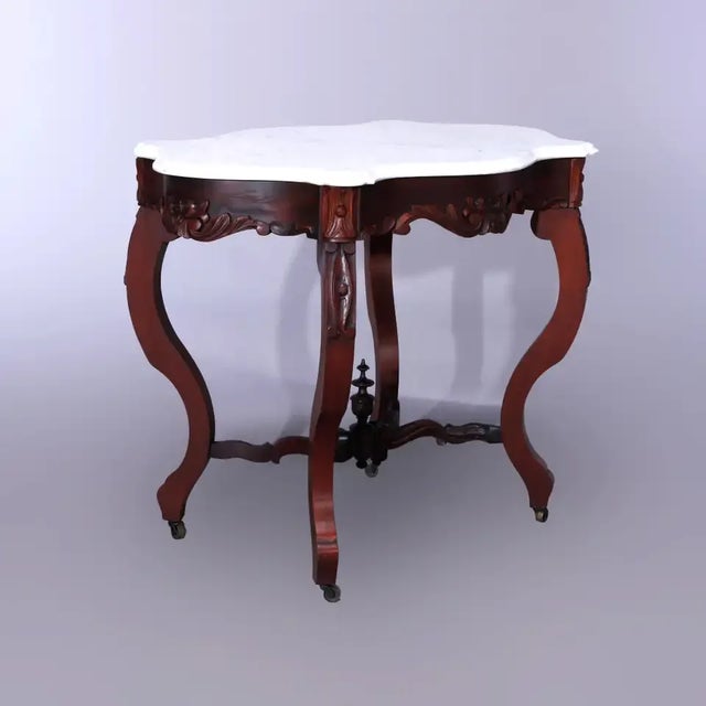 Rococo Antique Rococo Carved Walnut & Marble Turtle Top Parlor Table Circa 1880 For Sale - Image 3 of 13