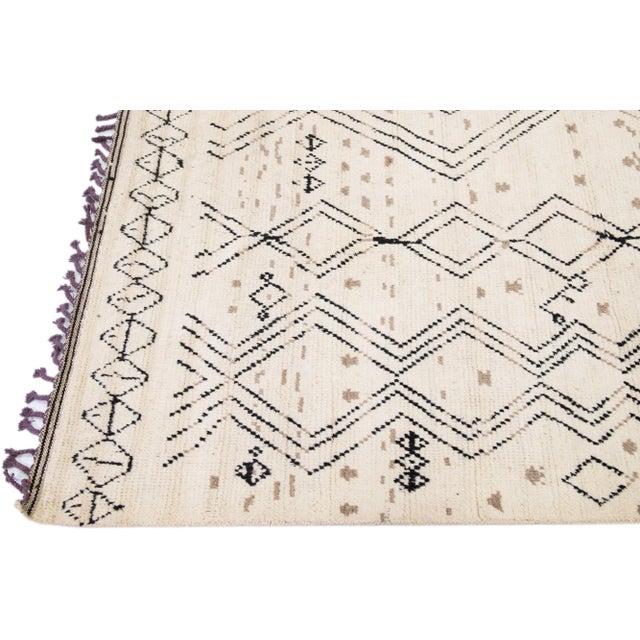 Contemporary Moroccan Style Handmade Ivory Wool Rug With Tribal Design For Sale - Image 12 of 13