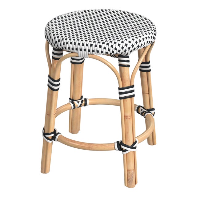 Tobias 18 in. Seat Height Round Rattan Dining Stool, White/Black Dot/ Natural Rattan Frame For Sale